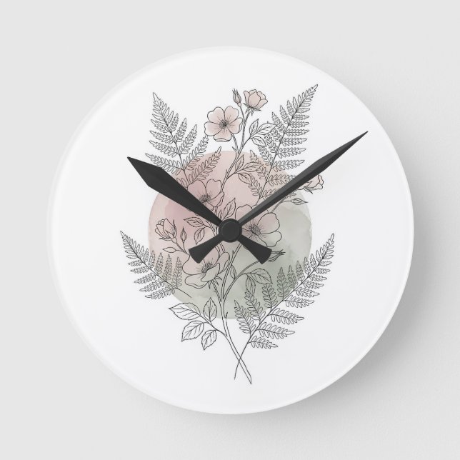 Botanical Line Art Fern Wildflower Blush Green⁠ Round Clock (Front)