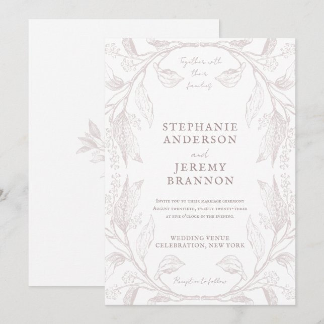 Botanical Line Art Frame Dusty Rose Invitation (Front/Back)