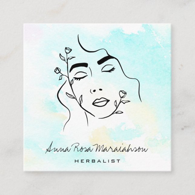*~* Botanical Line Art Goddess QR Greenery  Square Business Card (Front)