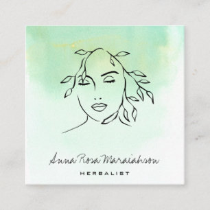 *~* Botanical Line Art QR Woman Greenery  Square Business Card