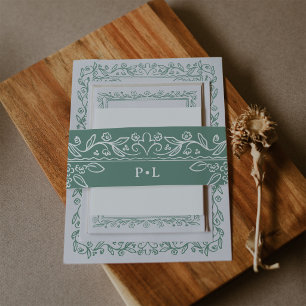 Botanical Line Art Sage Green Wedding Invitation Belly Band