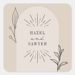 Botanical Line Art Script Tan Wedding  Square Sticker