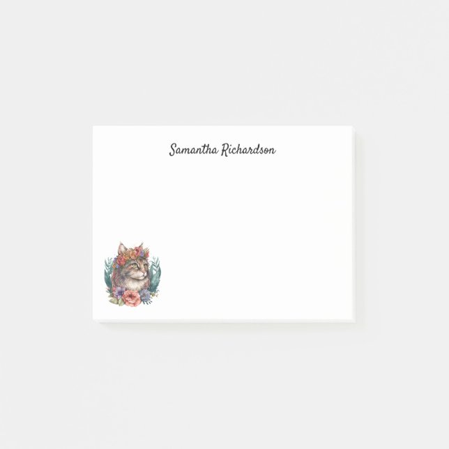 Botanical Maine Coon Cat Personalized Watercolor Post-it Notes (Front)