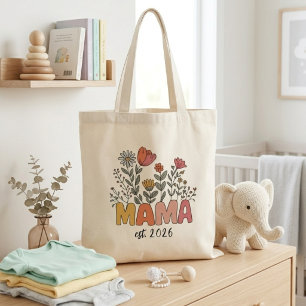 Botanical Mama Est Year Retro Floral Lettering Tote Bag