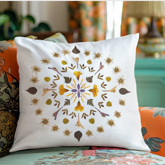 Botanical Mandala Pressed Flower Artwork Throw Pillow