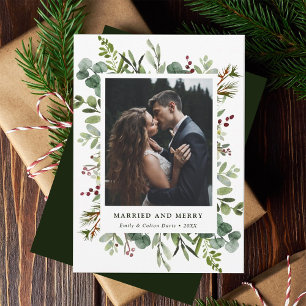 Botanical Married & Merry Greenery Newlywed Photo Holiday Card