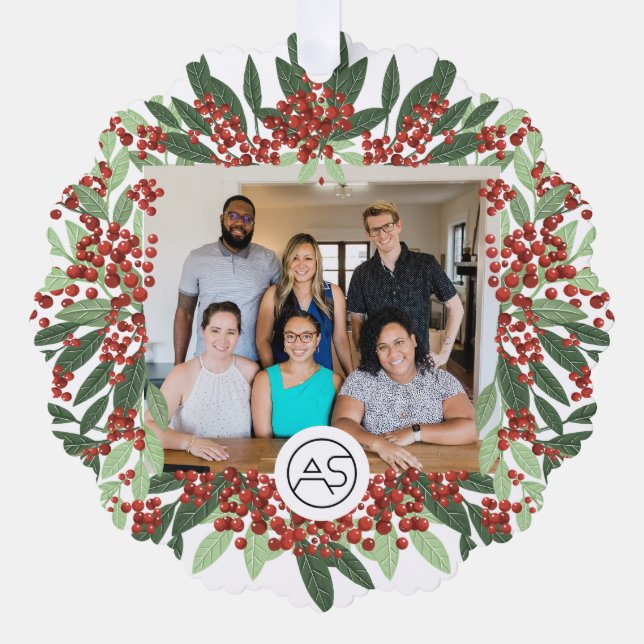 Botanical Merry Christmas Photo Logo Business Ornament Card (Front)