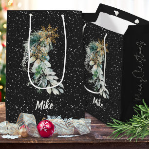 Botanical Modern Foliage Snowflake Merry Christmas Medium Gift Bag