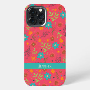 Botanical Modern Pink Floral Girly Name iPhone 13 Pro Max Case