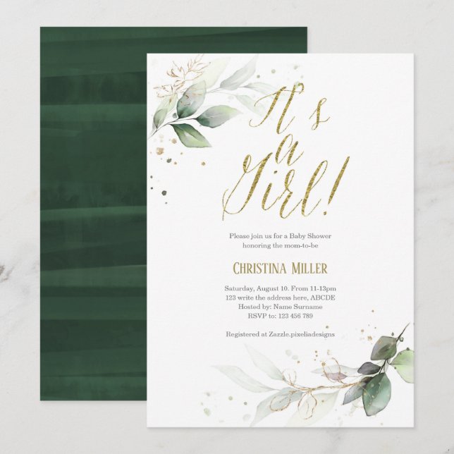 Botanical, Modern, Watercolor, Elegant, Baby Showe Invitation (Front/Back)