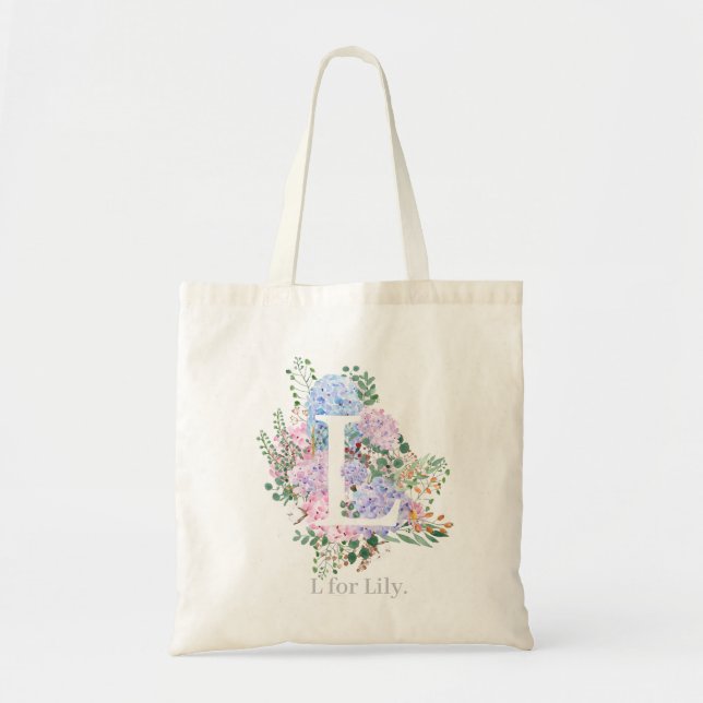 botanical monogram alphabet L hydrangea flowers  Tote Bag (Front)