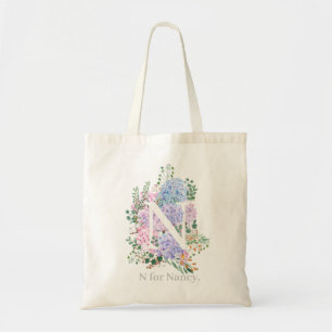 botanical monogram alphabet n hydrangea flowers  tote bag