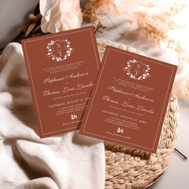Botanical Monogram Crest Terracotta Wedding Invitation (Creator Uploaded)