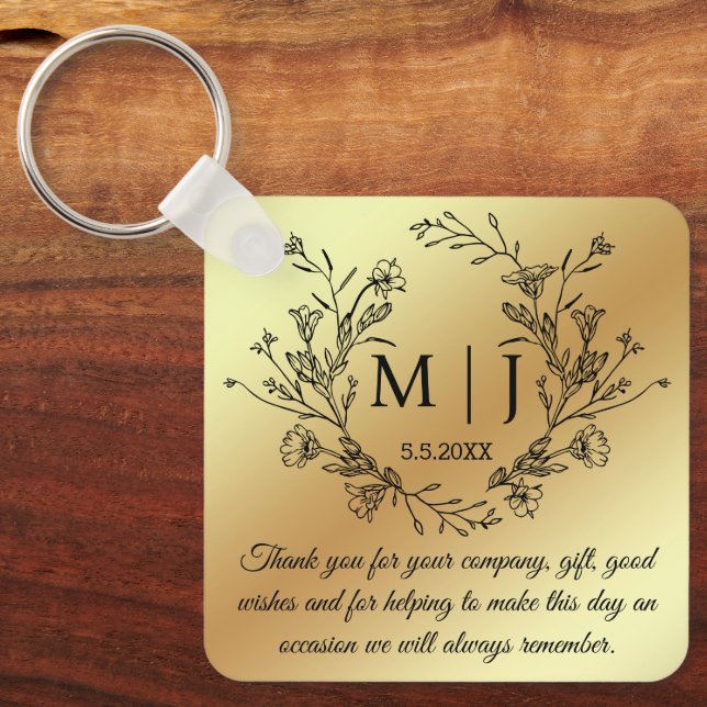  botanical monogram thank you wedding gold keychain (Front)