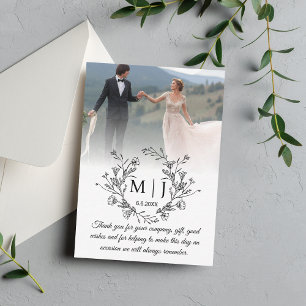 botanical monogram thank you wedding photo card