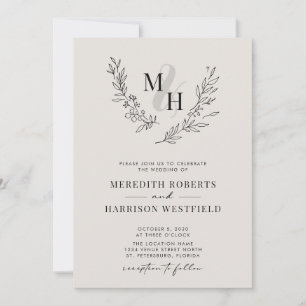 Botanical Monogram Wreath QR Code Eggshell Wedding Invitation