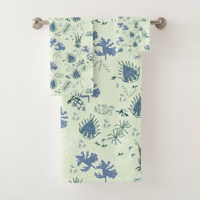 Botanical Moss Print in blue and light green Bath  Towel Set (Insitu)