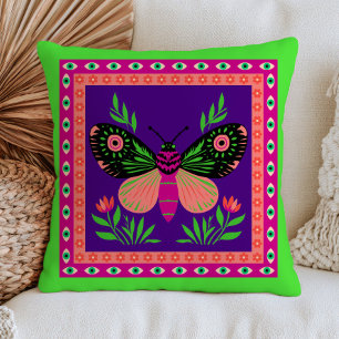Botanical Moth Purple& Green Maximalist Insect Throw Pillow
