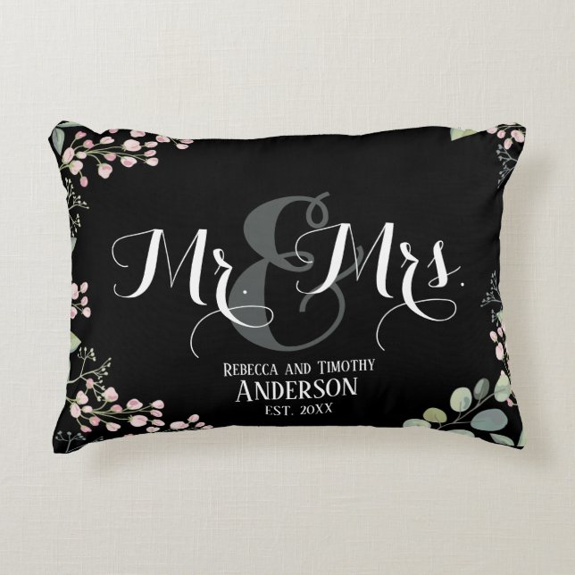 Botanical Mr Mrs Personalized Black Wedding Accent Pillow (Front)