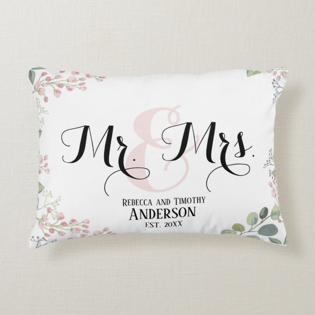Botanical Mr Mrs Personalized Wedding Newly Wed Accent Pillow (Front)