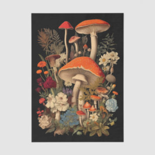 Botanical Mushrooms & Flowers on Black Background Tissue Paper