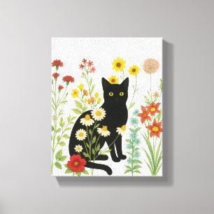 Botanical Nature – Black Cat in Wildflower Garden Canvas Print