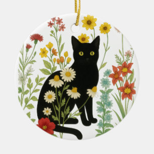 Botanical Nature – Black Cat in Wildflower Garden Ceramic Ornament