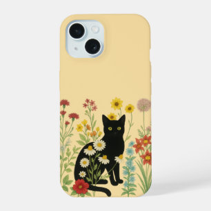 Botanical Nature – Black Cat in Wildflower Garden iPhone 15 Case
