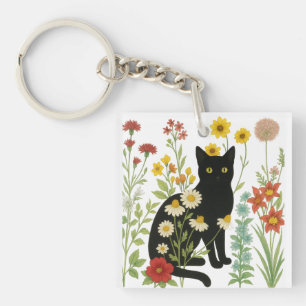Botanical Nature – Black Cat in Wildflower Garden Keychain