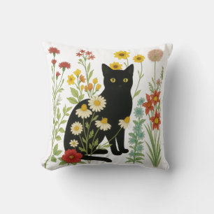 Botanical Nature – Black Cat in Wildflower Garden Throw Pillow