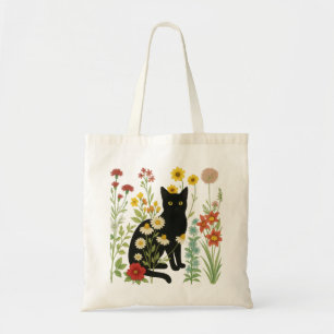  Botanical Nature – Black Cat in Wildflower Garden Tote Bag