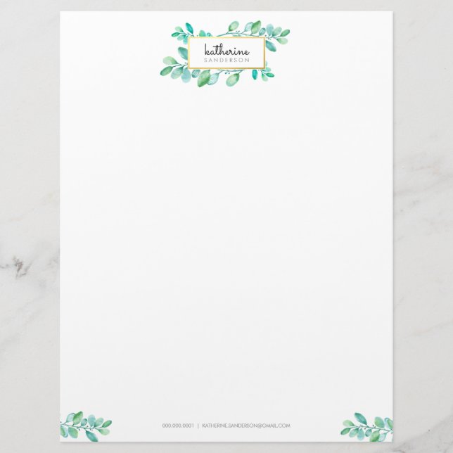 BOTANICAL NATURE modern watercolor painted leaves Letterhead (Front)