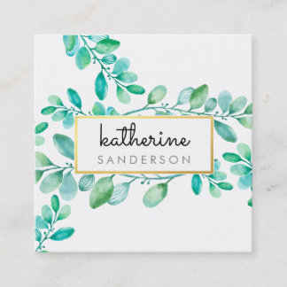 BOTANICAL NATURE modern watercolor painted leaves Square Business Card