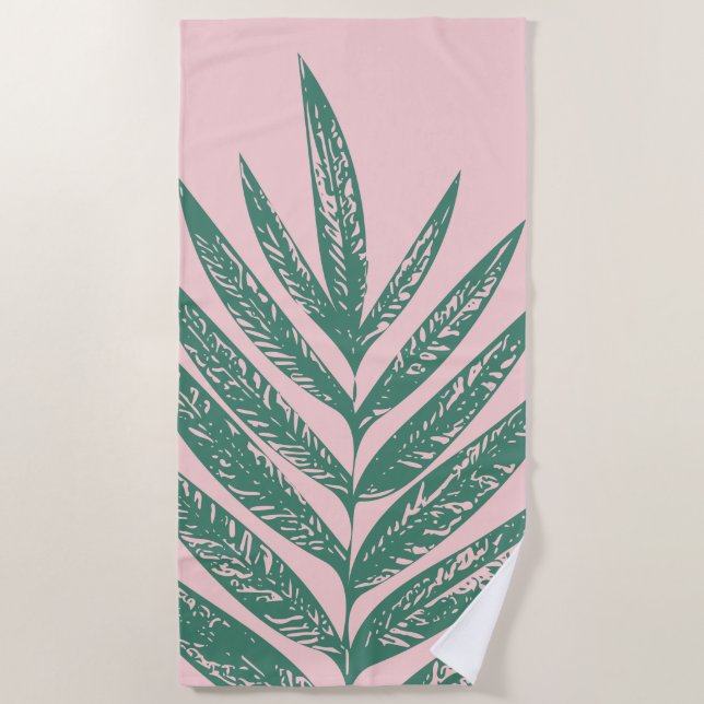 Botanical Nature Tropical Illustration Pink Green Beach Towel (Front)