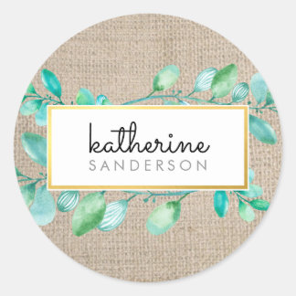 BOTANICAL NATURE watercolor painted leaves burlap Classic Round Sticker