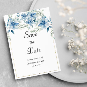 Botanical navy blue mint floral Save The Date Invitation