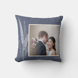 Botanical Navy Personalized Wedding Couple Photo Throw Pillow