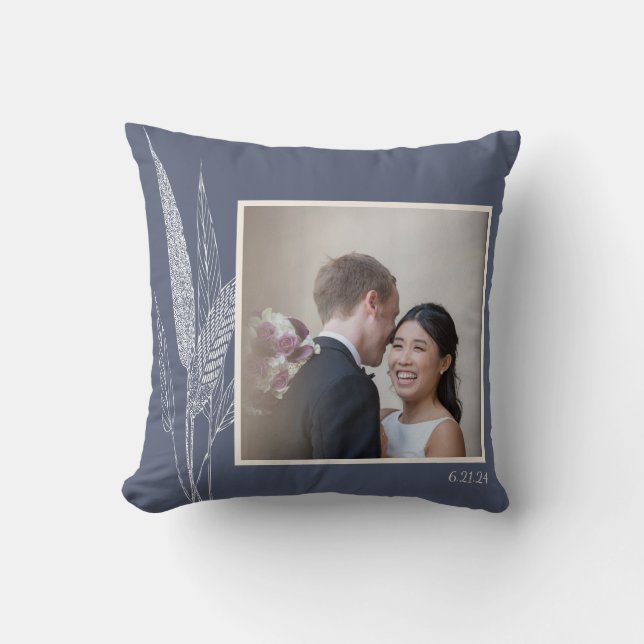 Botanical Navy Personalized Wedding Couple Photo Throw Pillow (Front)