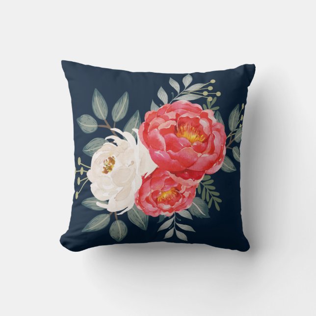 Botanical Navy, Red & Ivory Floral Throw Pillow (Front)