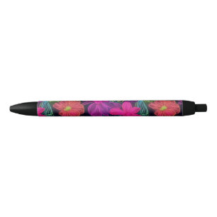 Botanical neon flowers black ink pen