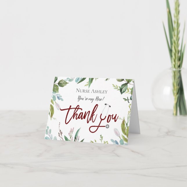 Botanical Nurses Doctors Healthcare Personalized Thank You Card (Front)