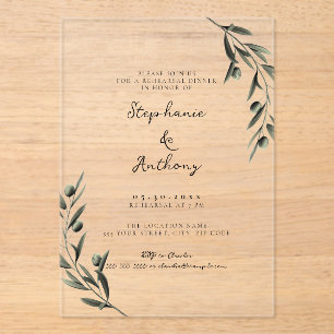 Botanical Olive Branch Italian Rehearsal Dinner Acrylic Invitations