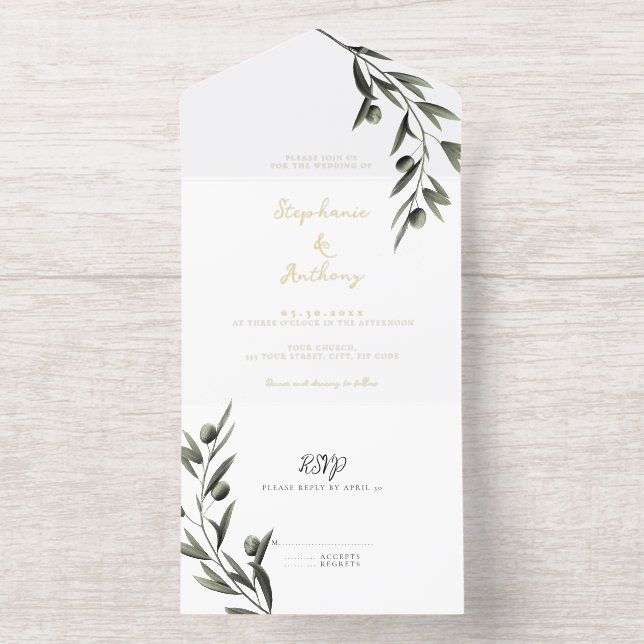 Botanical Olive Branch Leaves Italian Wedding  All In One Invitation (Inside)