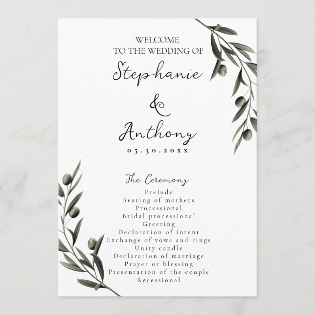 Botanical Olive Branch Leaves Italian Wedding  Program (Front)