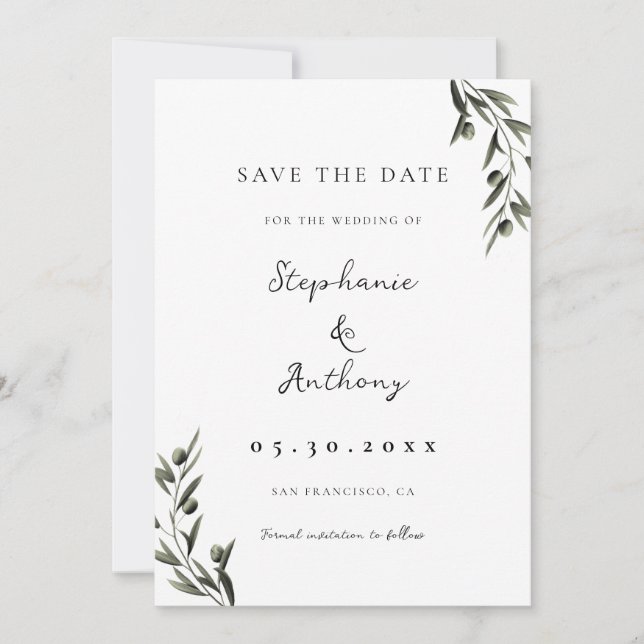 Botanical Olive Branch Leaves Italian Wedding  Save The Date (Front)