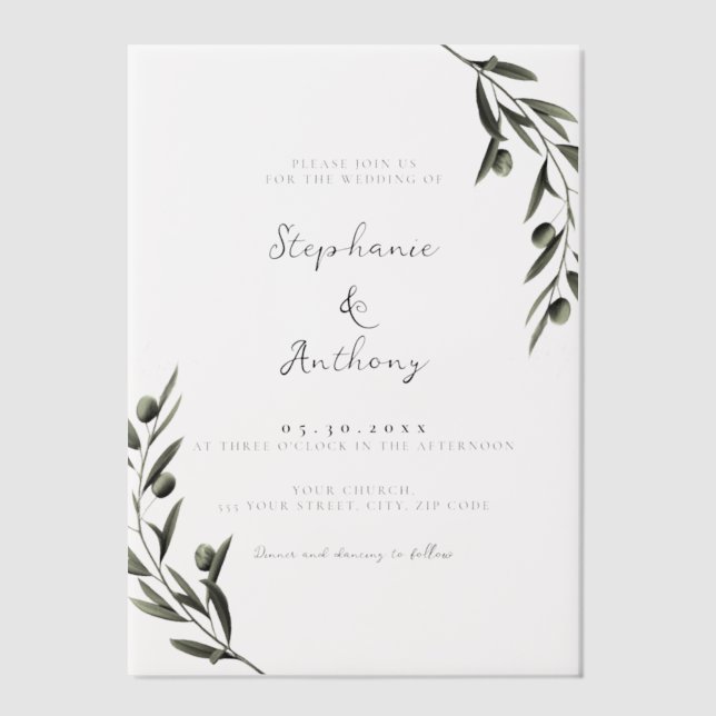 Botanical Olive Branch Leaves Italian Wedding Vellum Invitations (Front)