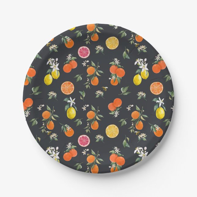 Botanical Orange and Lemon Pattern Dark Paper Plate (Front)