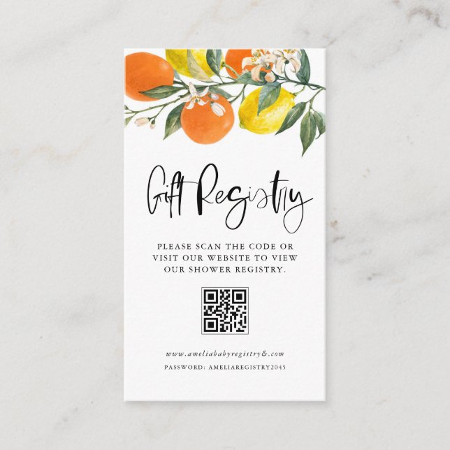 Botanical Orange and Lemon QR Code Registry Enclosure Card (Front)