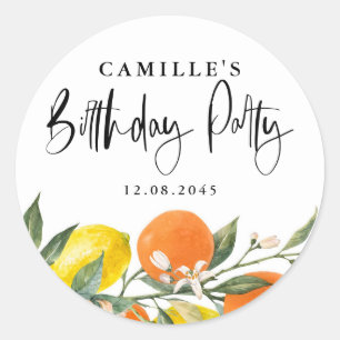Botanical Orange and Lemon Summer Birthday Party Classic Round Sticker