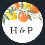 Botanical Orange and Lemon Wedding Monogram Classic Round Sticker<br><div class="desc">Give your wedding a fresh, personalized touch with this customizable monogram wedding sticker, featuring a charming watercolor design of lemons and oranges. Perfect for adding a bit of citrusy flair to your wedding favours, invitations, or décor, this sticker lets you showcase your initials in style. Customize this wedding sticker with...</div>